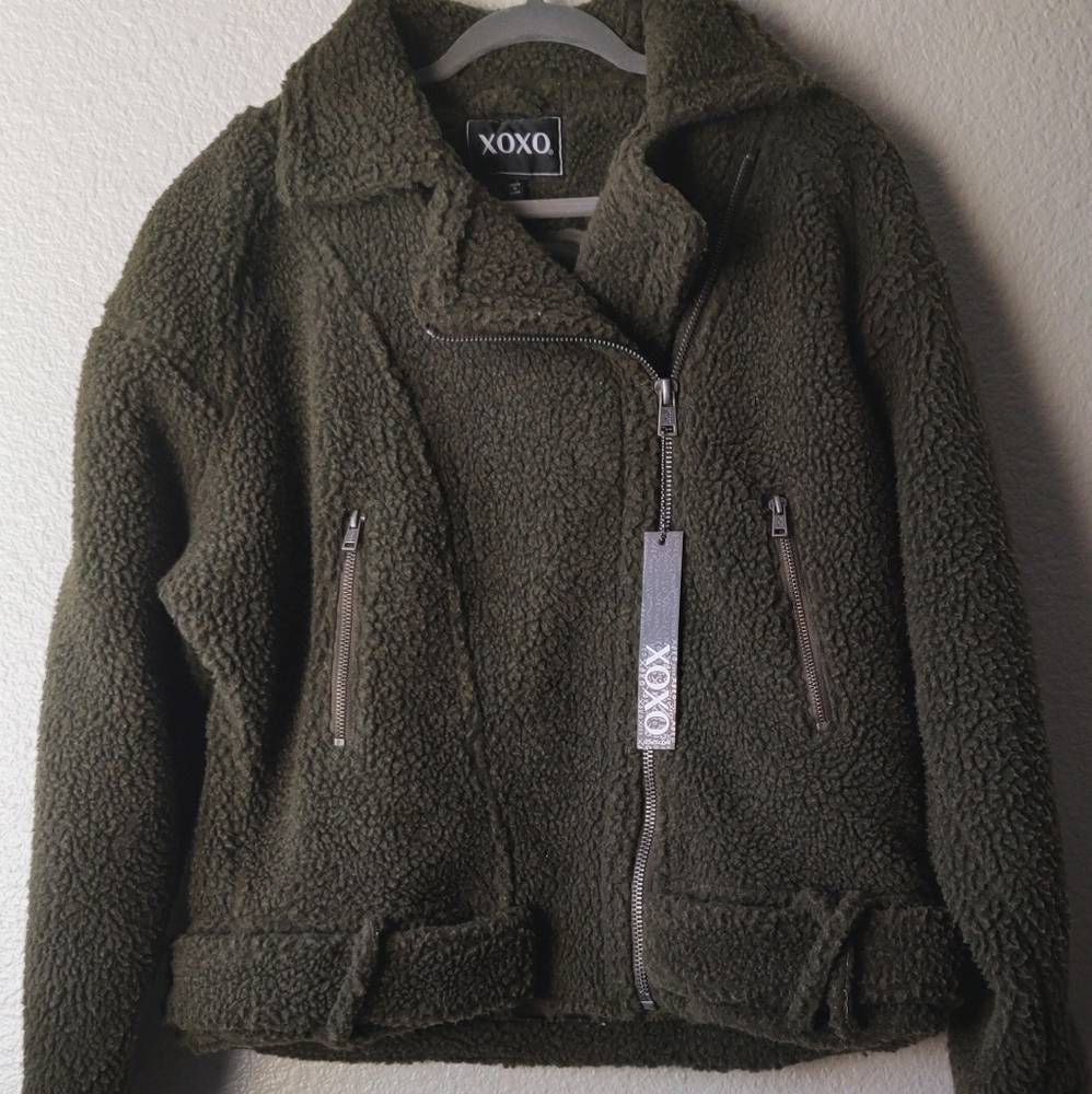 NWT XOXO Olive Sherpa Women's Jacket Zipper Edgy